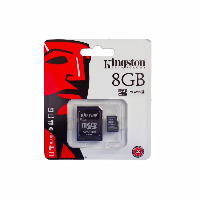 Imagen de MEMORIA FLASH MICROSDHC KINGSTON CLASS4 UHS-I, 8GB, CON ADAPTADOR SD, COLGADOR.